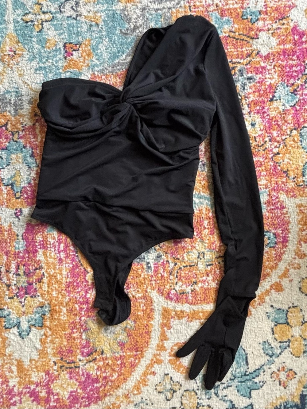 Michael Costello Black One-Shoulder Bodysuit with Glove Sleeve